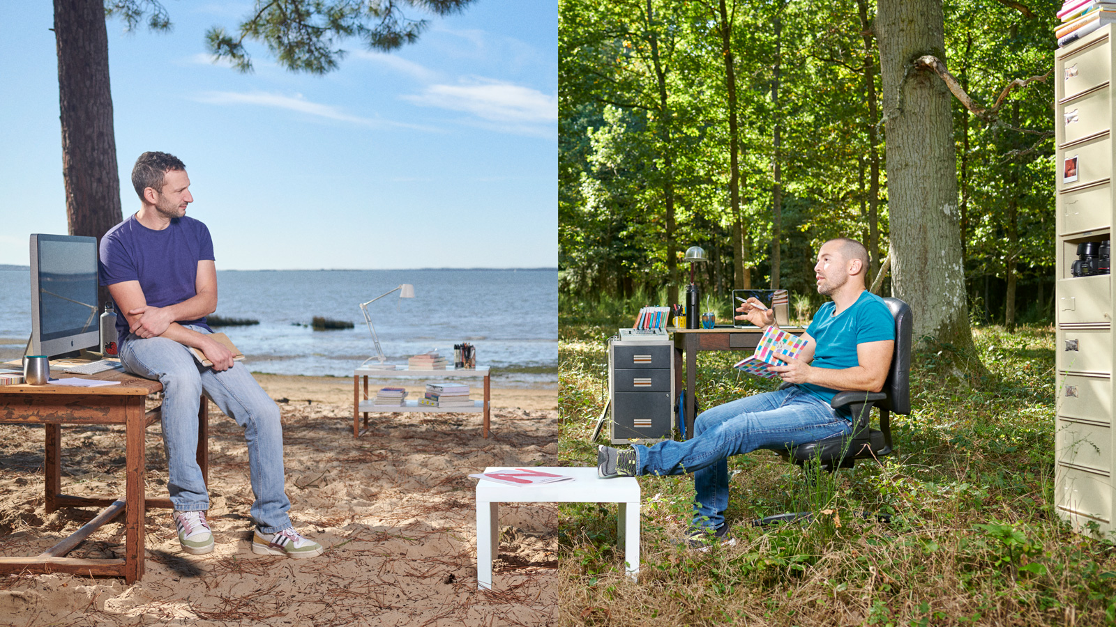 Photomontage de chacun des associés de Chump dans un univers différent mais dans un même espace de travail. Jérémie à gauche est en bord de mer alors qu'Arnaud à droite est dans la forêt. Une petite table blanche au centre est à cheval sur les deux univers.